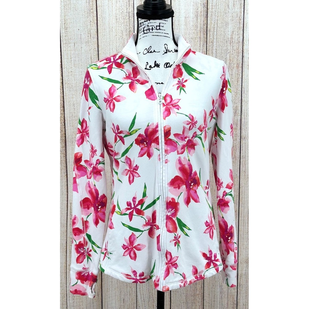 Tommy‎ Bahama Orchid Floral Zip Jacket Medium White Pink Cotton Stretch Full Zip